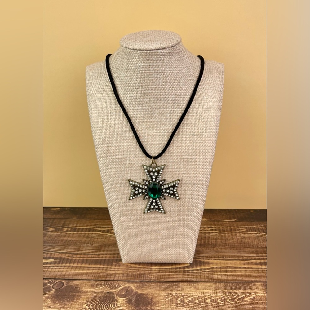 Emerald Night Cross Necklace with Black Velvet Cord